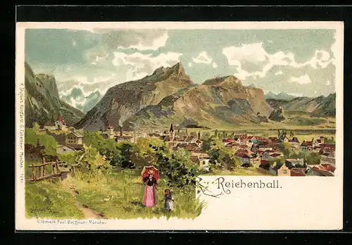Lithographie Bad Reichenhall, Mutter mit ihrer Tochter vor den Toren der Stadt