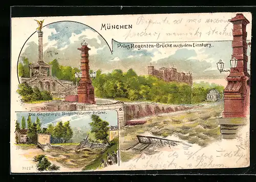 Lithographie München, Prinz Regenten-Brücke nach dem Einsturz, eingestürzte Bogenhausener Brücke