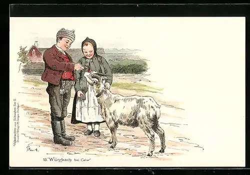 AK Würzbach bei Calw, Kinder in schwäbischen Trachten füttern Ziege