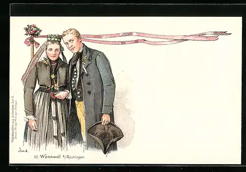 Künstler-AK Wannweil, Brautpaar in schwäbischer Tracht
