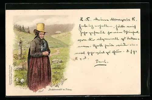 Lithographie Schönwald bei Triberg, Ortspartie mit Frau in Tracht