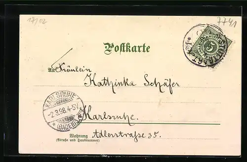 Lithographie Schönwald bei Triberg, Ortspartie mit Frau in Tracht