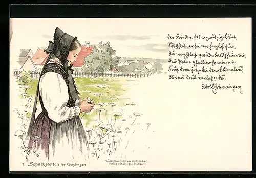 Lithographie Schalkstetten, Frau in Tracht mit einer Blume in der Hand