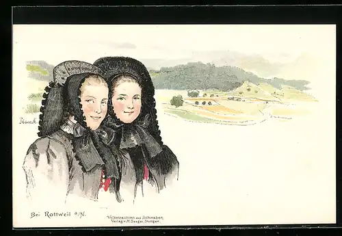 Künstler-AK Rottweil am Neckar, Landschaftsbild mit Mädchen in Volkstrachten aus Schwaben