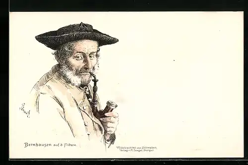 Lithographie Bernhausen / Filder, Alter Mann in schwarzwälder Tracht mit Pfeife im Mund