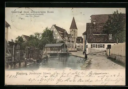 AK Happurg / Hersbrucker Schweiz, Strassenpartie an der Happach mit Blick zur Kirche