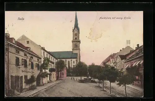 AK Naila, Marktplatz mit evang. Kirche, Gasthof z. grünen Baum