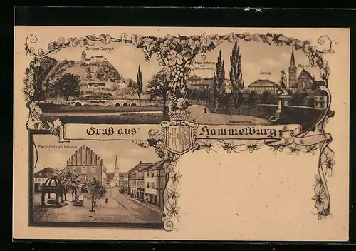 Passepartout-AK Hammelburg, Ortsansicht mit Schule und Kirche, Marktplatz mit Rathaus