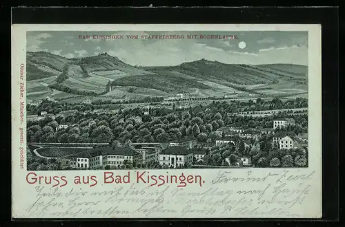 Mondschein-Lithographie Bad Kissingen, Gesamtansicht vom Staffelsberg aus gesehen