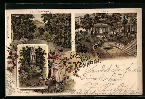 Lithographie Bad Kissingen, Blick auf die Ruine Bodenlaube, Denkmal König Ludwig I.