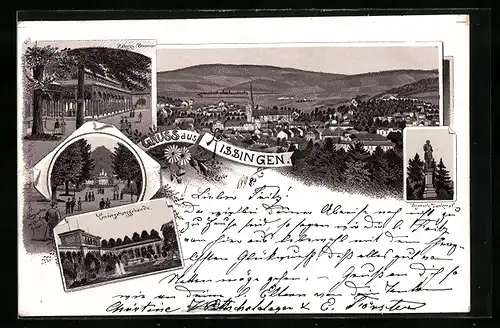 Lithographie Bad Kissingen, Ortsansicht mit Kirche, Bismarck-Denkmal, Rakoczy-Brunnen