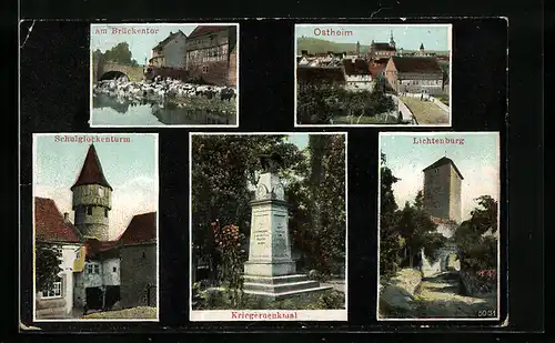AK Ostheim, Brückentor, Kriegerdenkmal, Lichtenburg, Schulglockenturm und Ortsansicht aus der Vogelschau