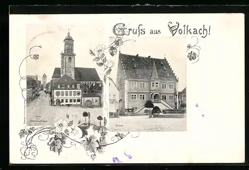 AK Volkach, Kirche mit oberer Hauptstrasse, Rathaus