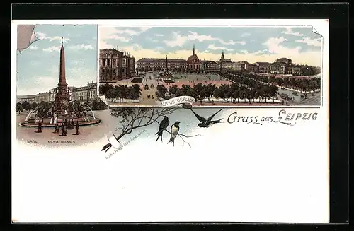Lithographie Leipzig, Augustusplatz aus der Vogelschau, Mende-Brunnen