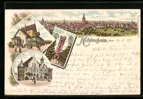 Lithographie Galgenberg bei Hildesheim, Restaurant von G. Fischer, Aussichtsturm a.d. Galgenberg, Rathaus, Gesamtansicht