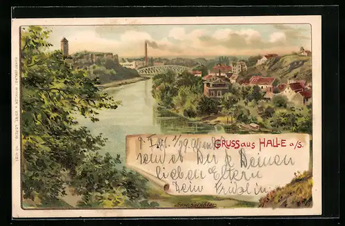 Lithographie Halle / Saale, Ortsansicht und Flusspartie mit Brücke aus der Vogelschau
