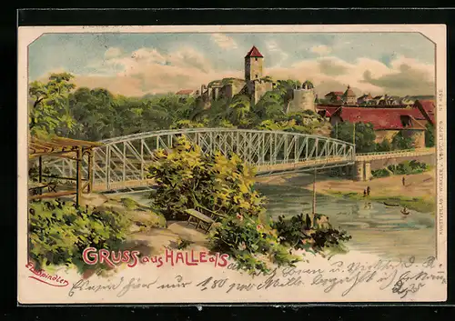 Lithographie Halle a. Saale, Brücke an der Burg Giebichenstein