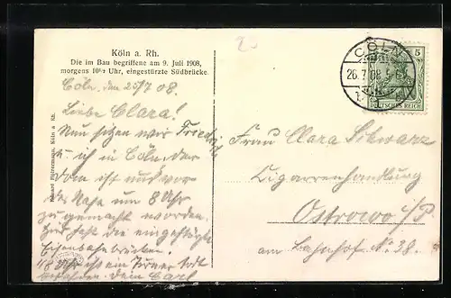 AK Köln-Neustadt, Die im Bau begriffene eingestürzte Südbrücke, Katastrophe