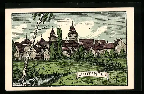 Steindruck-AK Lichtenau, Ortsansicht mit Türmen