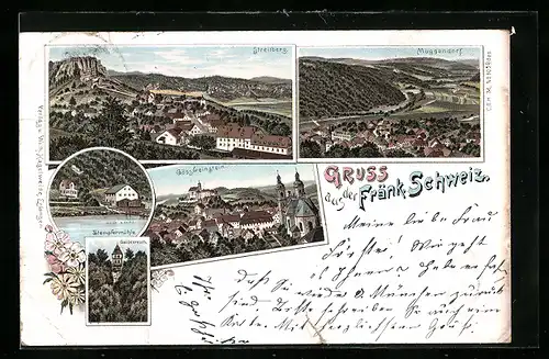 Lithographie Muggendorf / Fränk. Schweiz, Teilansicht, Gössweinstein, Gailenreuth