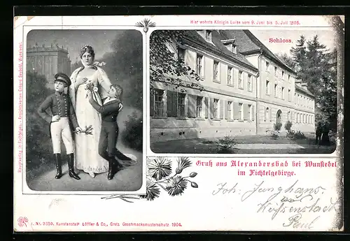 AK Alexandersbad / Fichtelgeb., Schloss & Wohnsitz von Königin Luise, Portrait mit beiden Söhnen