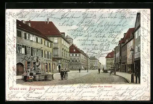 AK Bayreuth, Passanten am Brunnen in der Oberen Max STrasse