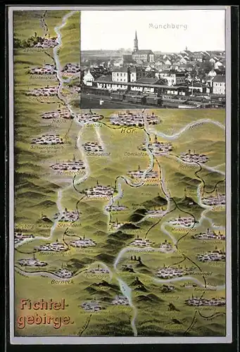 AK Hof i. B. /Fichtelgebirge, Teilansicht, Panorama mit Selbitz, Gefrees und Münchberg