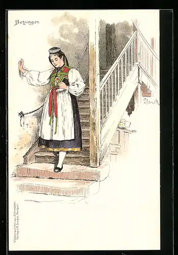 Künstler-Lithographie Planck: Betzingen, Maid in Tracht
