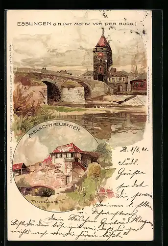 Künstler-Lithographie Manuel Wielandt: Esslingen a/N, Burg und Melac-Haeuschen