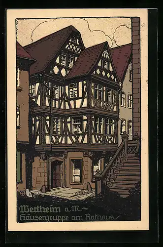 Steindruck-AK Wertheim, Häusergruppe am Rathaus