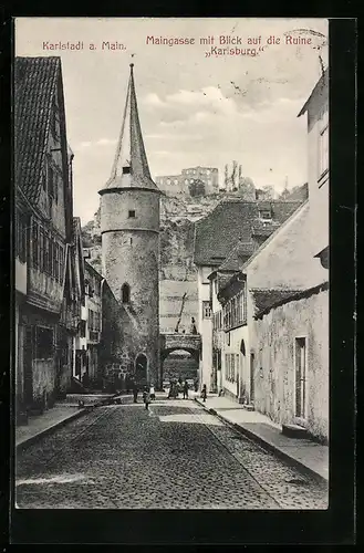 AK Karlstadt a. Main, Maingasse mit Blick zur Ruine