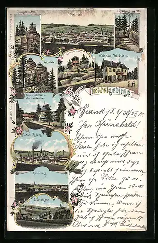 Lithographie Wunsiedel /Fichtelgebirge, Ortsansicht, Markt-Redwitz, Burgstein, Fichtelberg