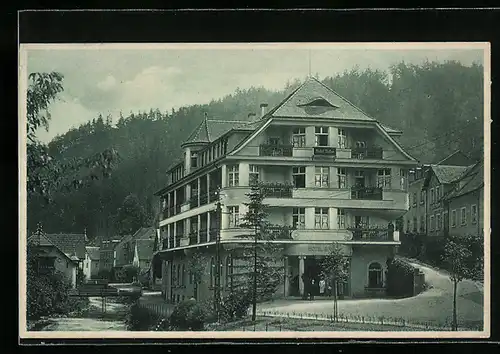 AK Berneck i. bay. Fichtelgebirge, Hotel Bube und anliegende Häuser mit Wald im Hintergrund