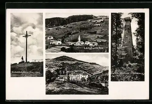 AK Langfurth, Ortspanorama, Aussichtsturm im Sonnenwald, Gasthof Büchelstein in Kirschbaum