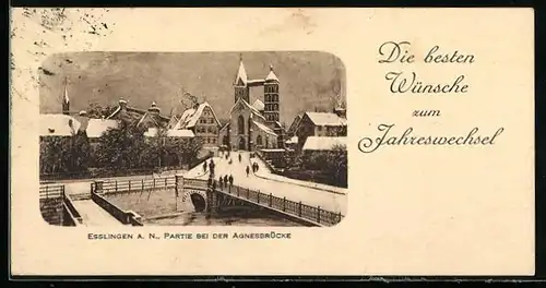 AK Esslingen a. N., Kirche an der Agnesbrücke im Schnee, Neujahrsgruss