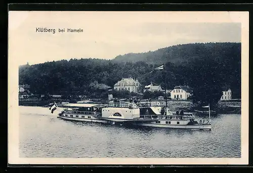 AK Klütberg bei Hameln, Uferpartie mit Dampfer