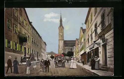 AK Freyung /Bayr. Wald, Marktplatz mit Gasthof zur Post und Kirche