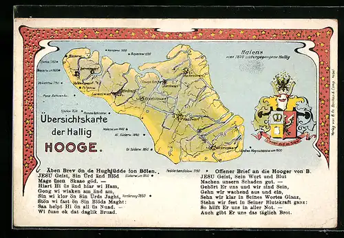 AK Hooge, Landkarte der Insel mit Wappen & Gedicht
