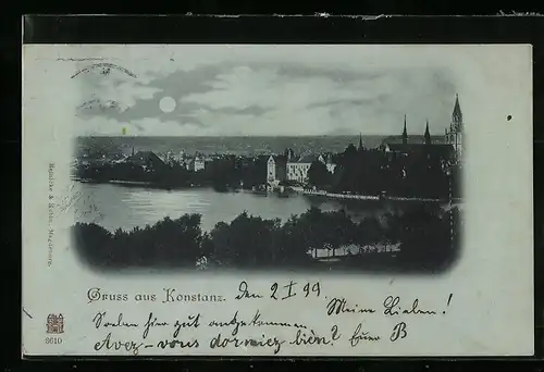 Mondschein-AK Konstanz, Uferpartie mit Kirche