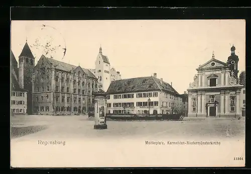 AK Regensburg, Moltkeplatz mit Karmeliten-Niedermünsterkirche