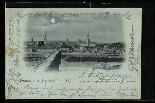 Mondschein-AK Kitzingen a. M., Panorama mit Brücke und Flusspartie