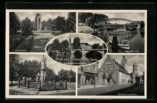 AK Fürstenwalde, Ehrenmal, Spreebrücke mit Hafen, Rathaus und Dom