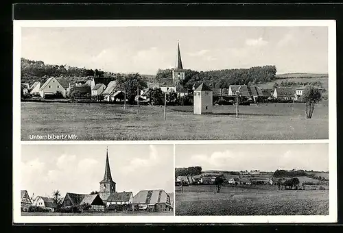 AK Unternbibert i. Mfr., Ortstotale mit der Kirche, Blick über die Wiesen vor dem Ort, Bäckerei Hufnagel