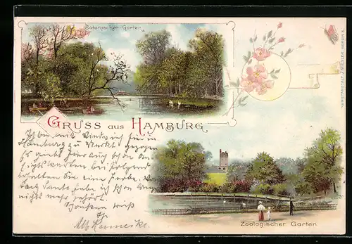 Lithographie Hamburg-Neustadt, Botanischer Garten, Zoologischer Garten