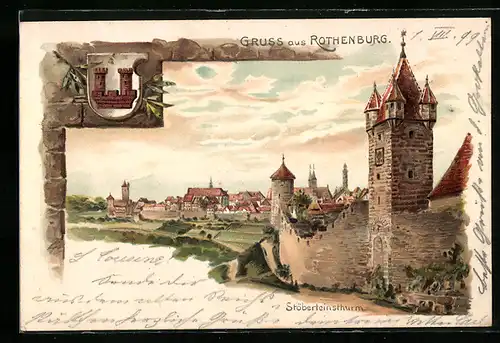 Lithographie Rothenburg /T., Burg mit Stadtmauer