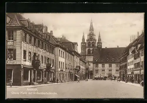 AK Ansbach, Oberer Markt mit Geschäften und St. Gumbertuskirche