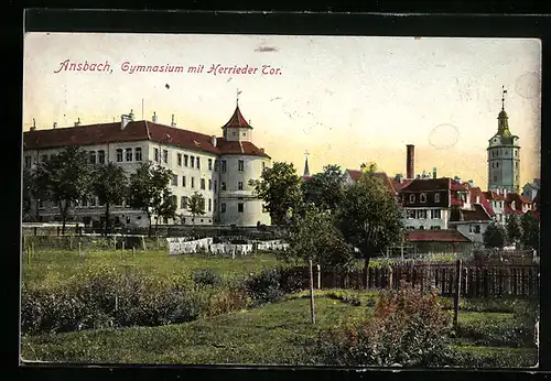 AK Ansbach, Gymnasium mit Herrieder Tor, von Gärten aus gesehen