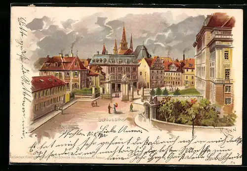 Lithographie Ansbach, Passanten vor dem Schlossthor