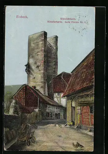 AK Einbeck, Storchenturm von der Strasse aus mit Hühnern