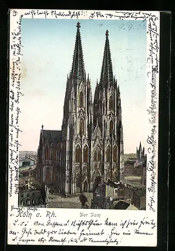 AK Köln a. Rh., Dom mit Umgebung aus der Vogelschau, mit leuchtenden Fenstern